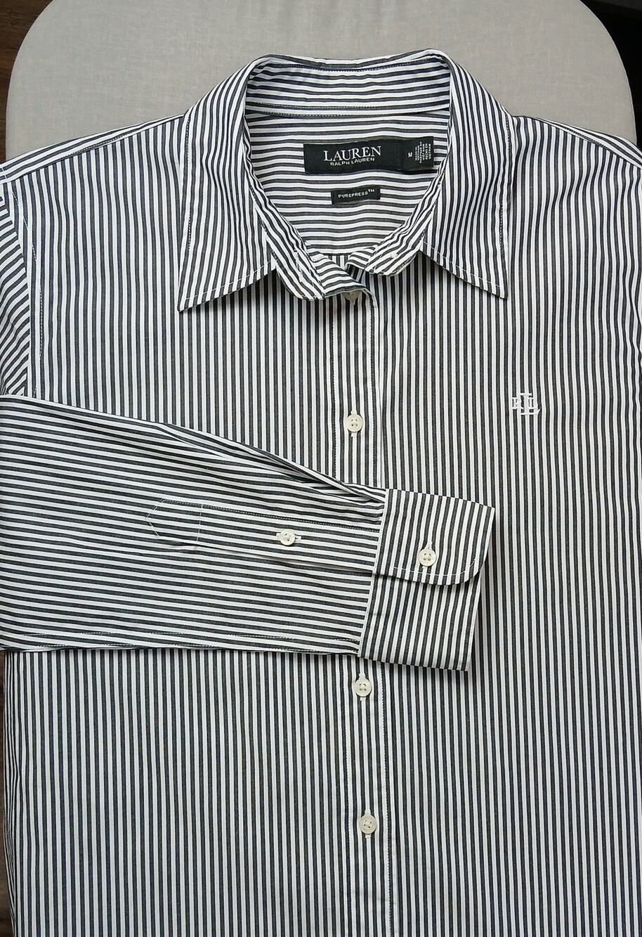 Ralph Lauren Womens Classic Fit Striped Cotton Shirt M Purepress LS black white